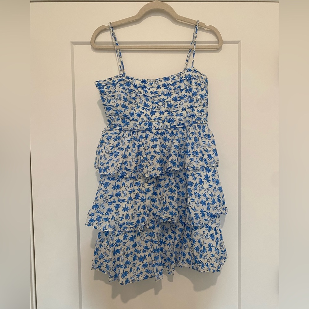 Blue and White Floral Tiered Dress